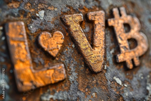 word LOVE with heart and Bitcoins Valentines day card