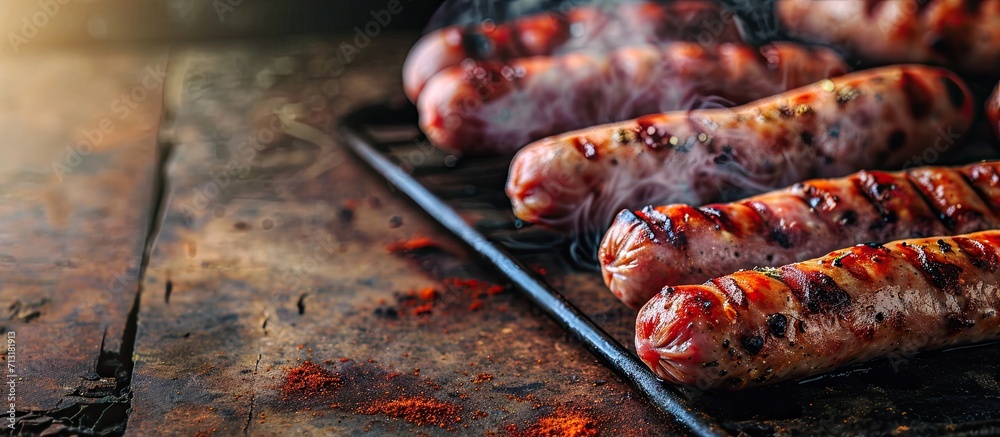 Pink sausages are fried on a grill pan The sausages are arranged in a row The sausages are steaming Slider shooting Macro. Copy space image. Place for adding text - obrazy, fototapety, plakaty 
