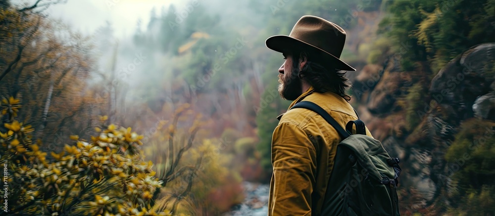Hipster man traveler wanderer wearing hat sitting alone and enjoying freedom and calm inspired travelling. Copy space image. Place for adding text