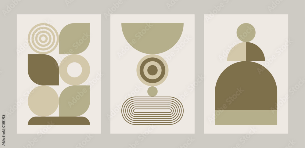 Set of abstract modern minimalist compositions with geometric shapes. Flat vector illustrations inspired by Mid-Century and Scandinavian aesthetics for poster, wall art, cover or card.