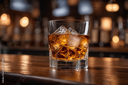 a glass of whiskey on the bar in front of the bar. Generative Ai