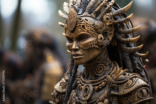  a serpentine humanoid wood sculpture that stylistically resembles Native American and ancient Chinese art