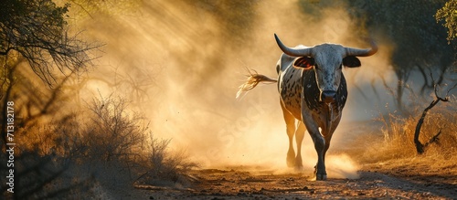 Bull in the dust on a Kimberley Cattle Station. Copy space image. Place for adding text photo