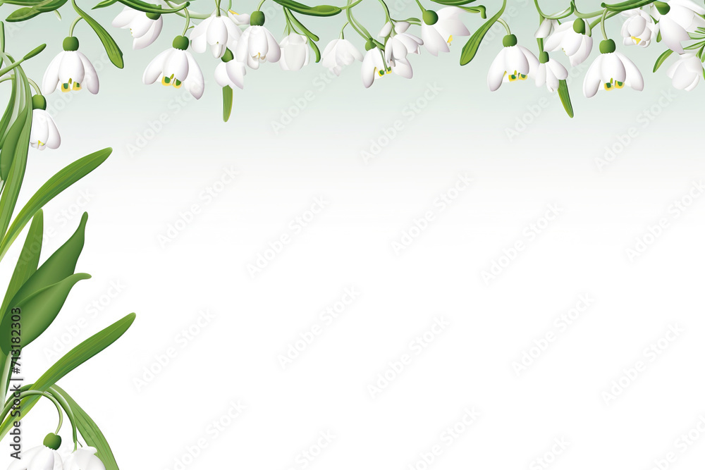 Postcard with decorative white flowers and copy space for greetings on March 8 in light green tones