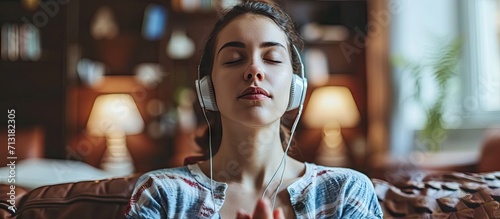 Calm mindful pretty young woman wearing headphones using mobile phone listening music audio podcast or audiobook sitting at home meditating and relaxing feeling peace of mind with eyes closed photo