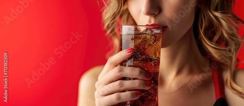 Close up slim woman hand cross say no avoid and reject her favorite cola soft drink high sweet sugar for good health diet and calories control. Copy space image. Place for adding text photo