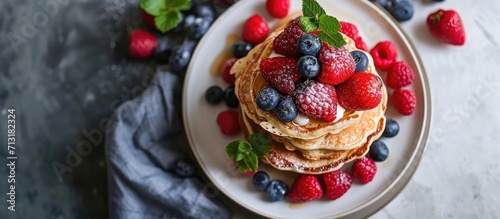 Pancakes with berries. Copy space image. Place for adding text