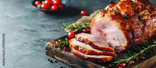 Traditional glazed baked pork Homemade roasted ham on festive served Easter lunch or brunch table. Copy space image. Place for adding text