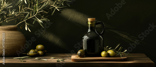 Mock up for advertising and presentation of organic and fresh olive oil, cozy environment