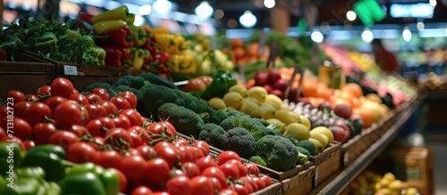 Still life shot of the fruit and vegetable aisle in a local grocery store Assortment of fresh organic produce in a supermarket. Copy space image. Place for adding text