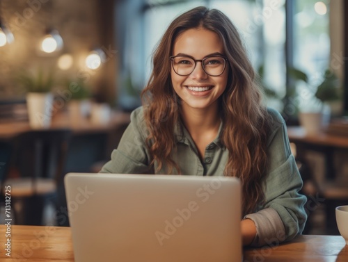 Photo of joyful nice woman using laptop. Beautiful Businesswoman typing on laptop.