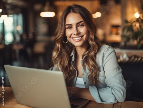 Photo of joyful nice woman using laptop. Beautiful Businesswoman typing on laptop.