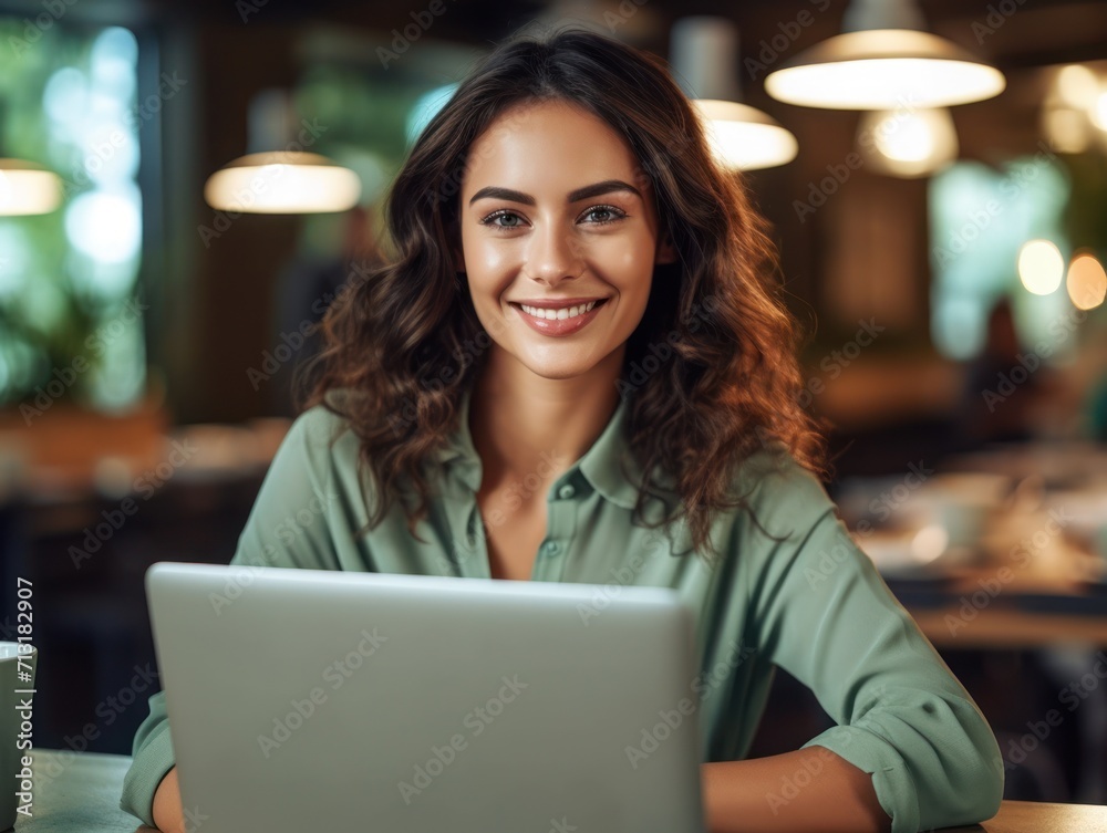 Photo of joyful nice woman using laptop. Beautiful Businesswoman typing on laptop. Photo of joyful nice woman using laptop. Beautiful Businesswoman typing on laptop.