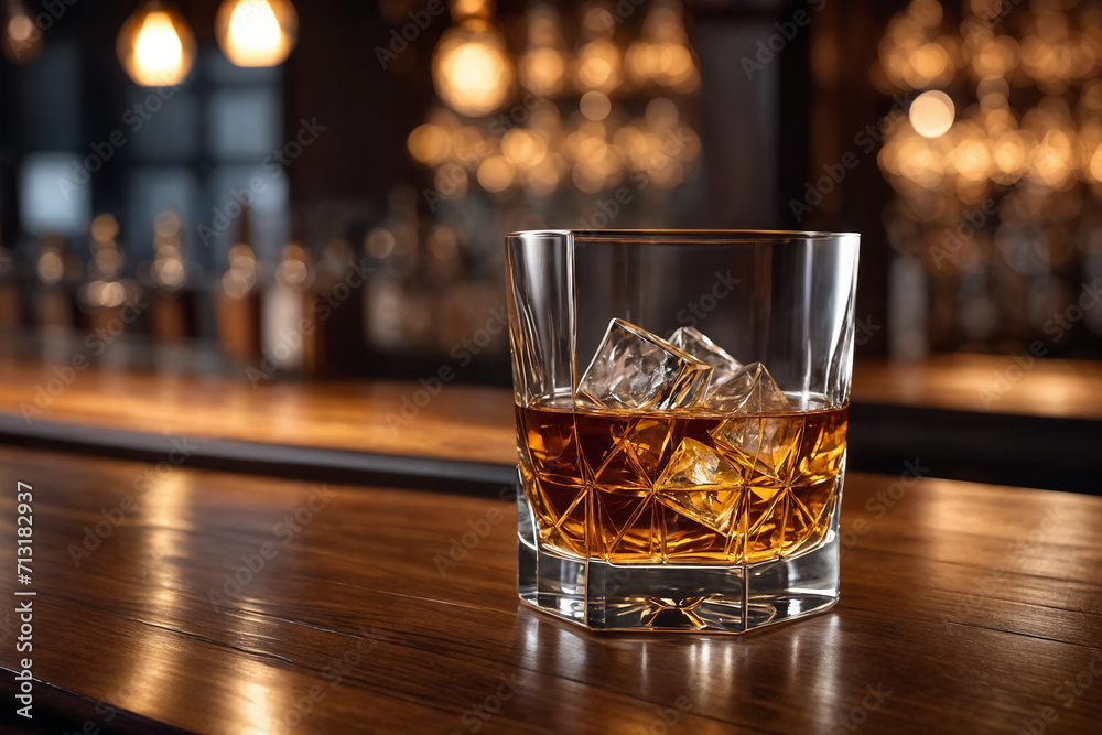 a glass of whiskey on the bar in front of the bar. Generative Ai a glass of whiskey on the bar in front of the bar. Generative Ai