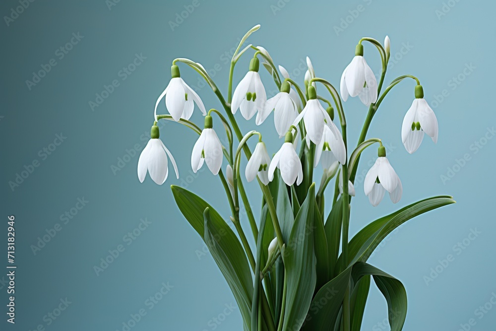Fototapeta premium A bouquet of white snowdrops on a light blue background