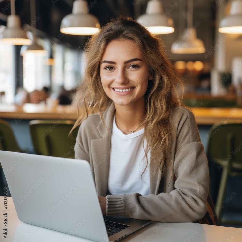 Photo of joyful nice woman using laptop. Beautiful Businesswoman typing on laptop. Photo of joyful nice woman using laptop. Beautiful Businesswoman typing on laptop.