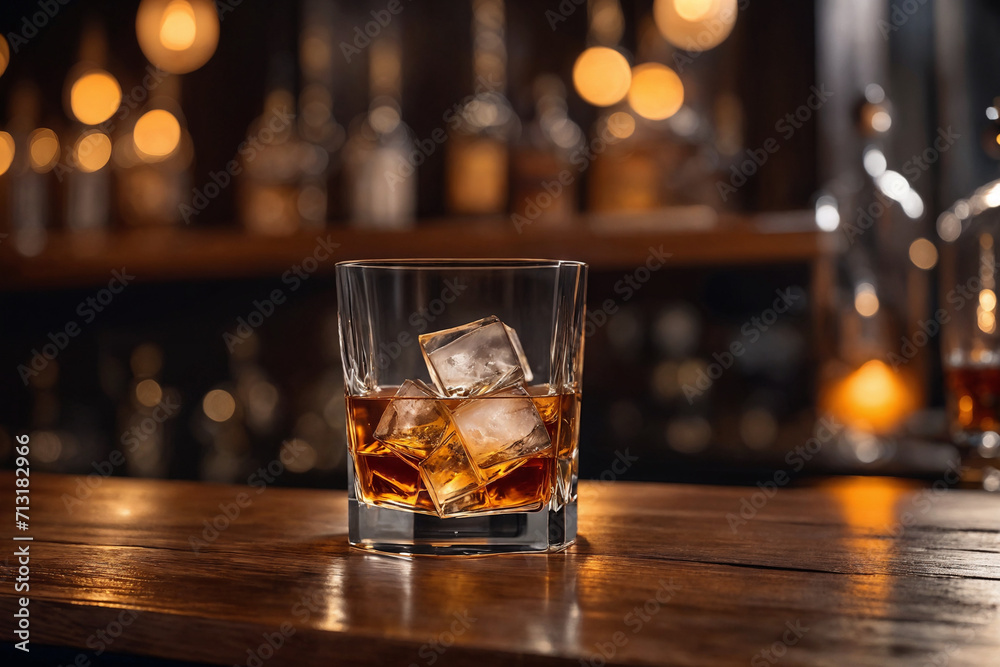 a glass of whiskey on the bar in front of the bar. Generative Ai a glass of whiskey on the bar in front of the bar. Generative Ai