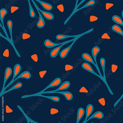 Seamless vector pattern with tree branches on blue background. Simple modern wallpaper design. Decorative nature fashion textile.