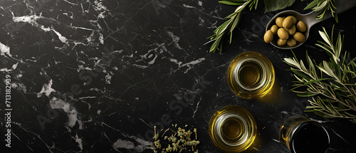 Top view of oil and fresh green olive fruits, natural, ecological on modern marble surface
