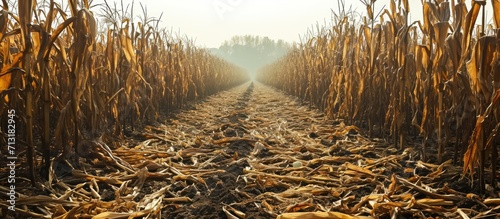 Dry maize field after a long drought period. Copy space image. Place for adding text photo