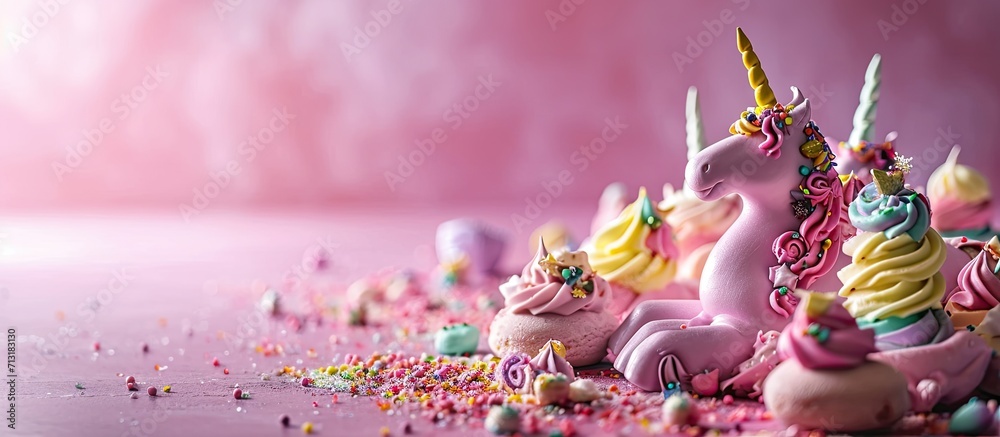 Colorful unicorn ice cream cones with sugary sprinkles. Copy space image. Place for adding text