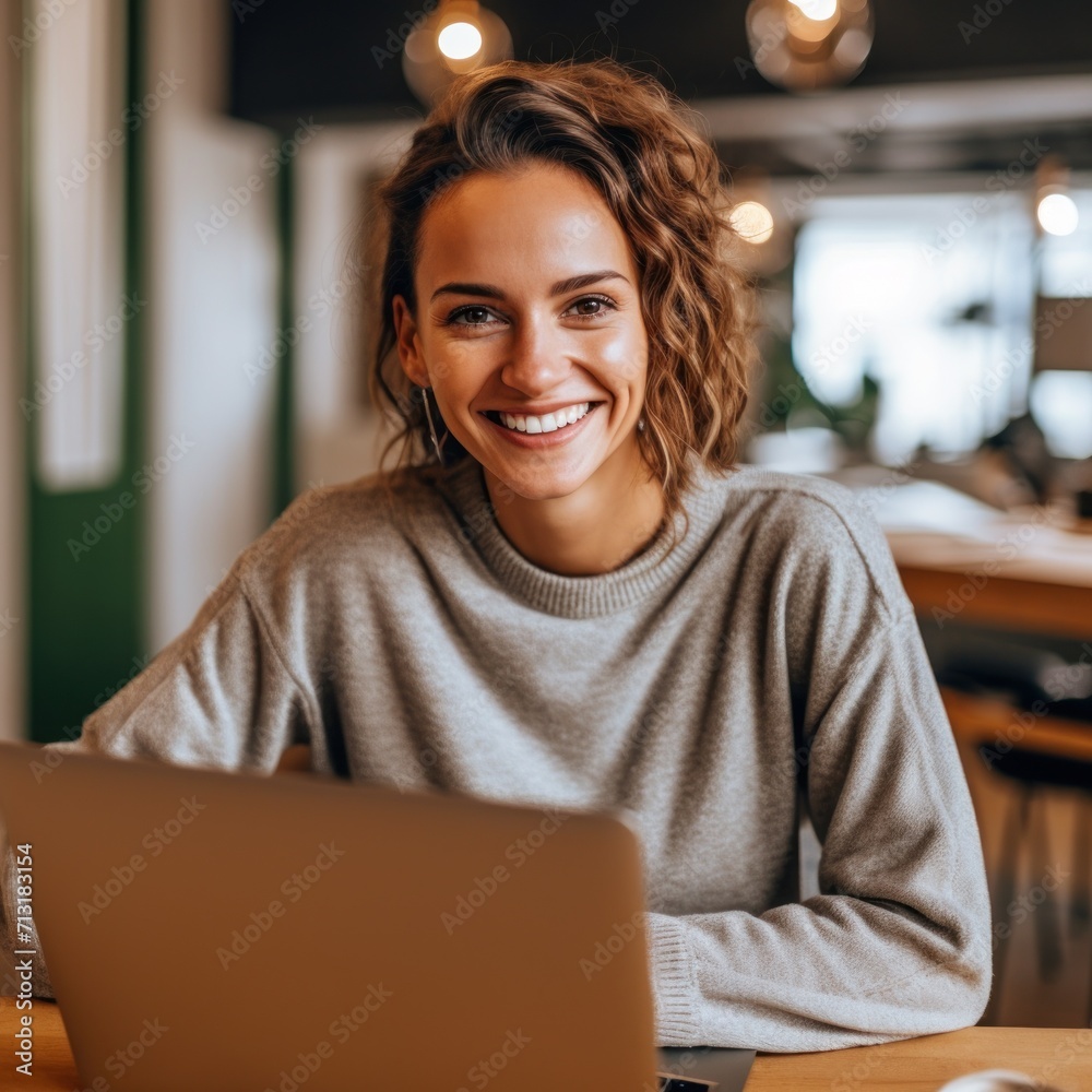 Photo of joyful nice woman using laptop. Beautiful Businesswoman typing on laptop. Photo of joyful nice woman using laptop. Beautiful Businesswoman typing on laptop.