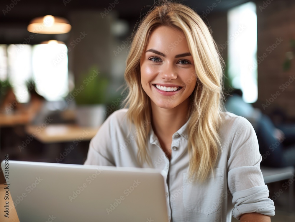 Photo of joyful nice woman using laptop. Beautiful Businesswoman typing on laptop. Photo of joyful nice woman using laptop. Beautiful Businesswoman typing on laptop.