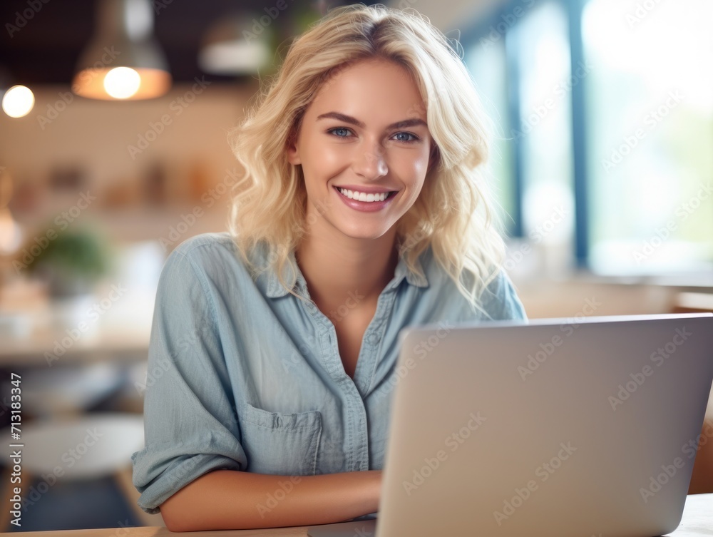 Photo of joyful nice blonde woman using laptop. Beautiful Businesswoman typing on laptop. Photo of joyful nice blonde woman using laptop. Beautiful Businesswoman typing on laptop.