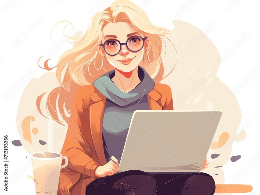 Illustration of joyful nice woman using laptop. Beautiful Businesswoman typing on laptop. Illustration of joyful nice woman using laptop. Beautiful Businesswoman typing on laptop.