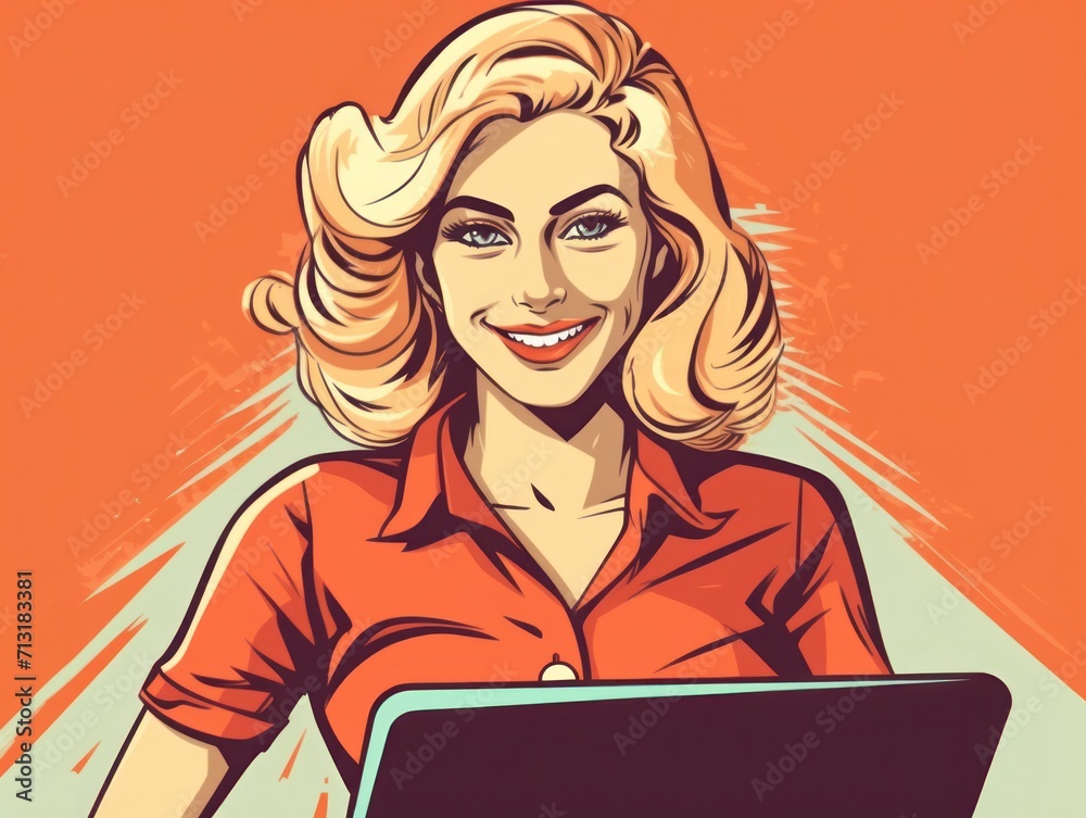 Illustration of joyful nice woman using laptop. Beautiful Businesswoman typing on laptop.