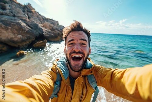 excited Handsome man taking selfie in the beach © senyumanmu