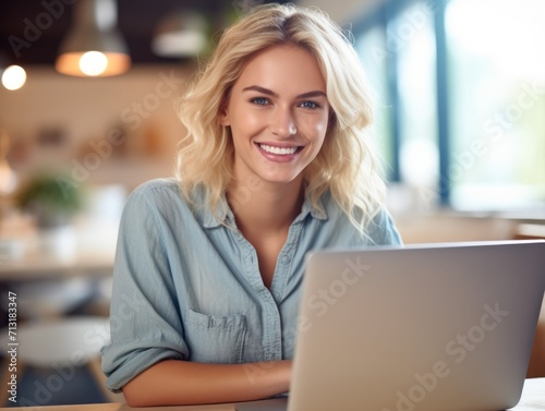 Photo of joyful nice blonde woman using laptop. Beautiful Businesswoman typing on laptop.