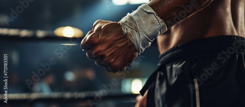 Hands wrist wrap and boxer man getting ready for tournament fitness workout in boxing gym macro Training fighting and mma protection bandage for injury and pain prevention from sports © Ilgun