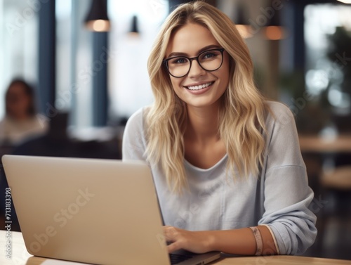 Photo of joyful nice blonde woman using laptop. Beautiful Businesswoman typing on laptop.
