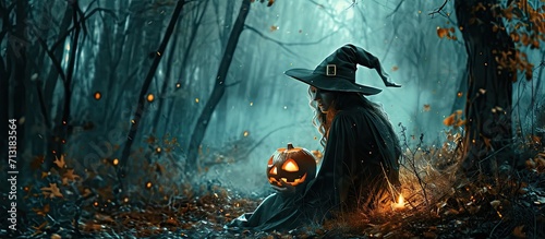 Halloween Witch with a carved Pumpkin and magic lights in a dark forest Beautiful young surprised woman in witches hat and costume holding pumpkin Halloween party art design. Copy space image photo
