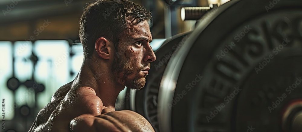 Naklejka premium Fit young man lifting barbells looking focused working out in a gym with other people. Copy space image. Place for adding text