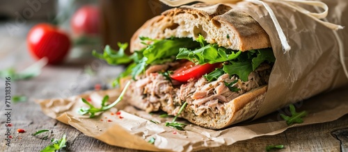 Gourmet closeup of tuna fish salad sandwich in hand on crispy fresh baked rustic baguette with tomato and lettuce wrapped in white parchment paper bag with shallow depth of field on urban city