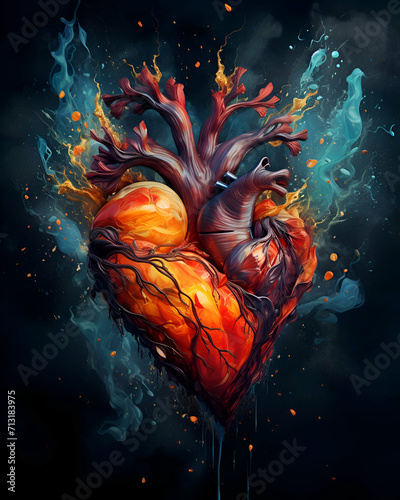 Human heart made of fire and smoke. Artistic illustration for your design