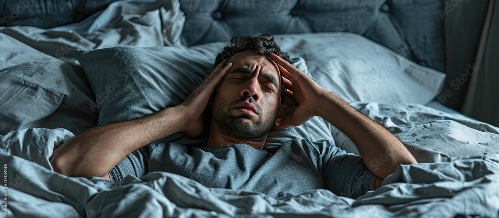 Fototapeta premium Restless Young Arab Guy Waking Up In The Morning With Headache Stressed Middle Eastern Man Lying In Bed And Touching Head Suffering Migraine Hangover Or Insomnia High Angle View Free Space