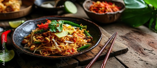 Mie goreng Aceh Aceh fried noodles Is traditional fried noodles from Aceh province Indonesia. Copy space image. Place for adding text photo