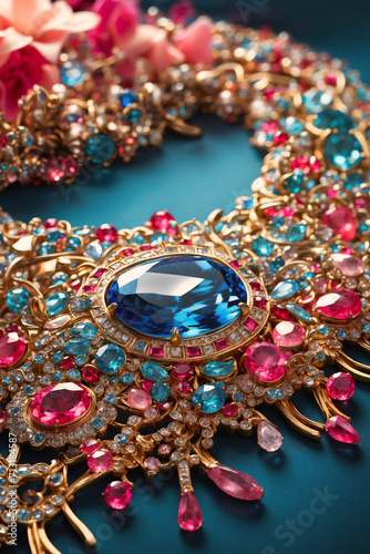 A gorgeous necklace jewelry adorned with a multitude of sparkling multi-colored gemstones. Vintage jewelry.