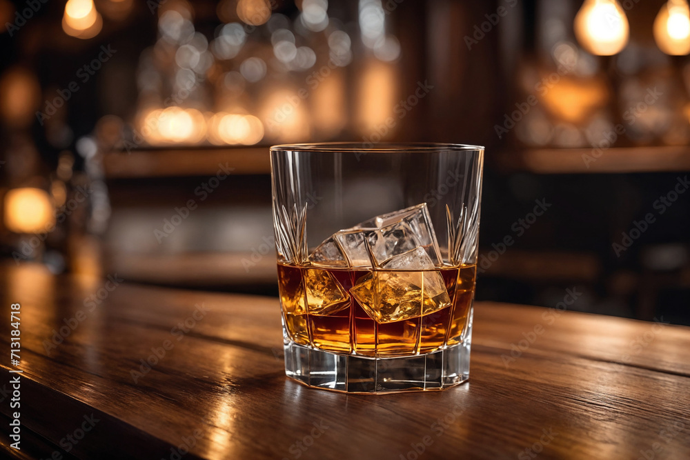 a glass of whiskey on the bar in front of the bar. Generative Ai