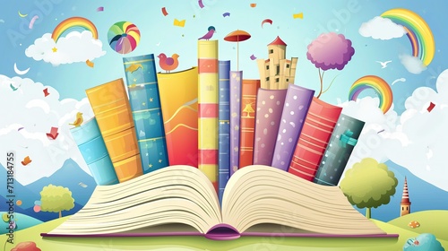 Rainbow composition of Books with the land of imagination, a castle and a rainbow photo