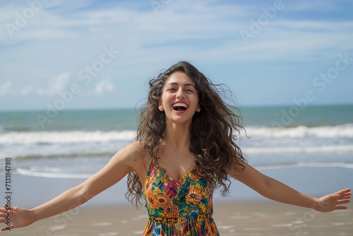 excited stylish latin hispanic woman standing at beach