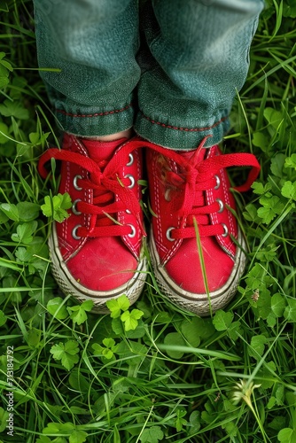 girl red shoes on green grass