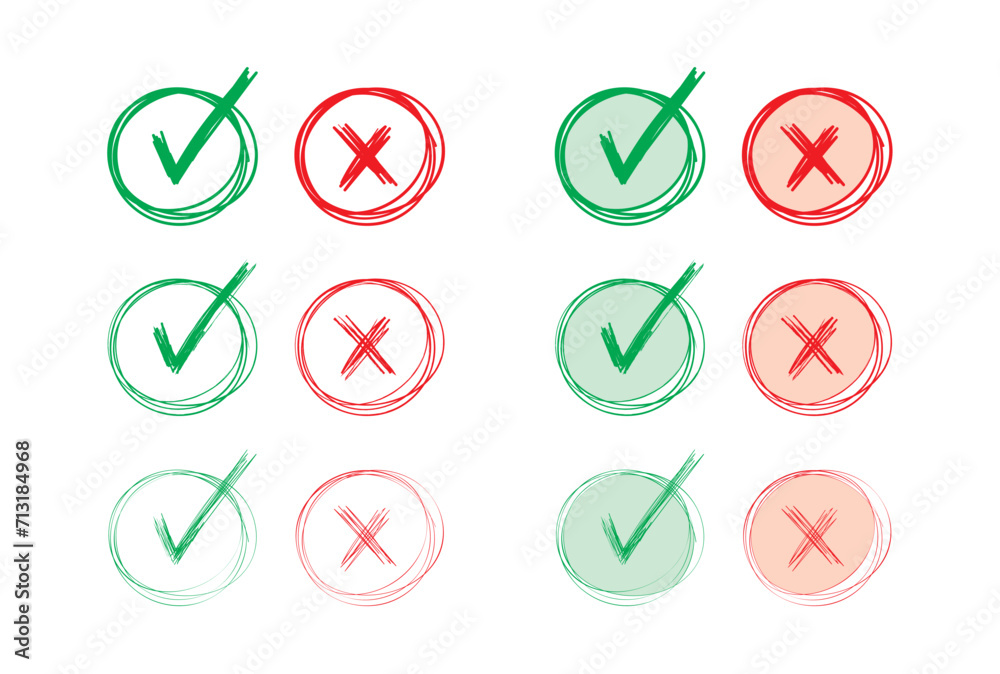 colorful hand drawing check mark and cancel sign colorful hand drawing check mark and cancel sign