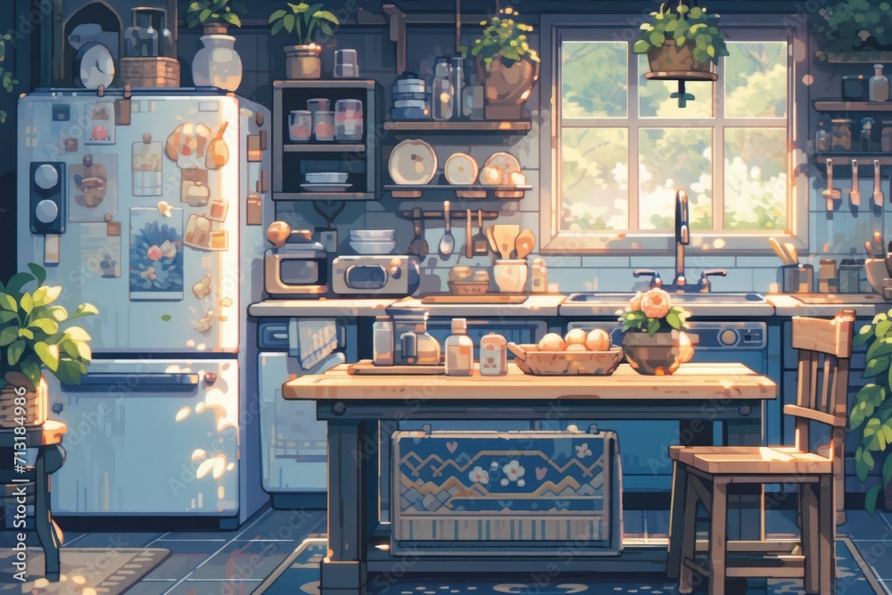aesthetic kitchen background in pixel art style. Stock Illustration ...