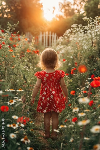 a baby girl in red dress in a sunlit summer garden