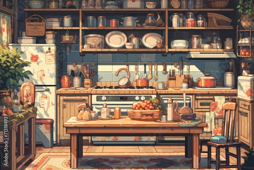 aesthetic kitchen background in pixel art style.
