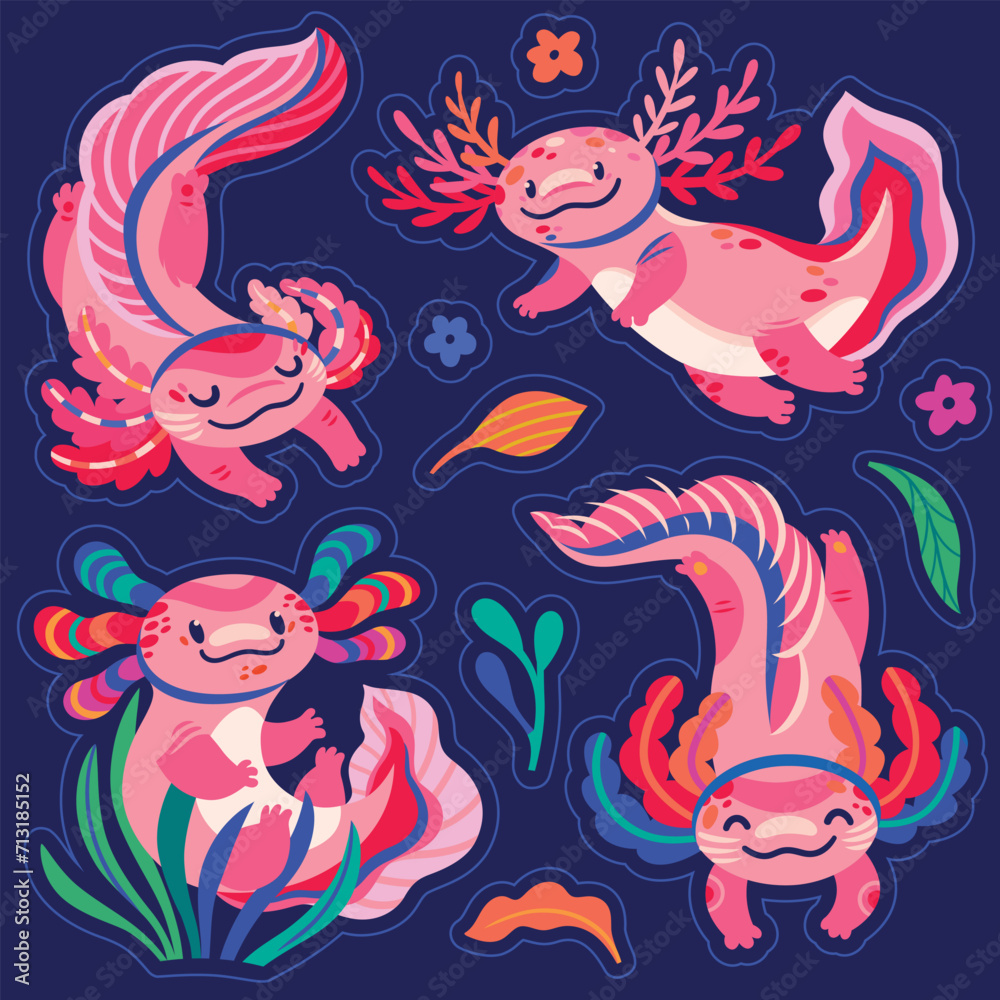 Sticker set of four cute pink cartoon axolotls, amphibian creatures are floating in the seaweeds
